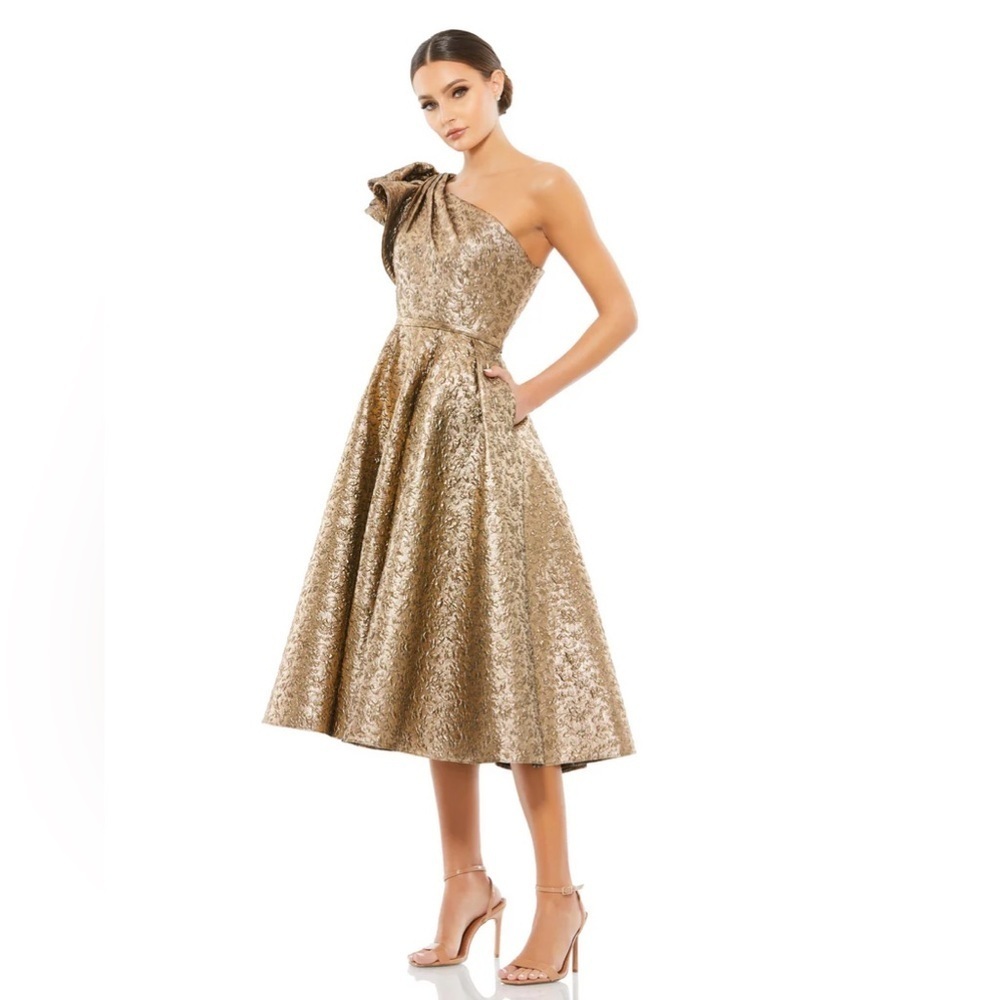 Mac Duggal Gold One-Shoulder Midi Dress with Bow